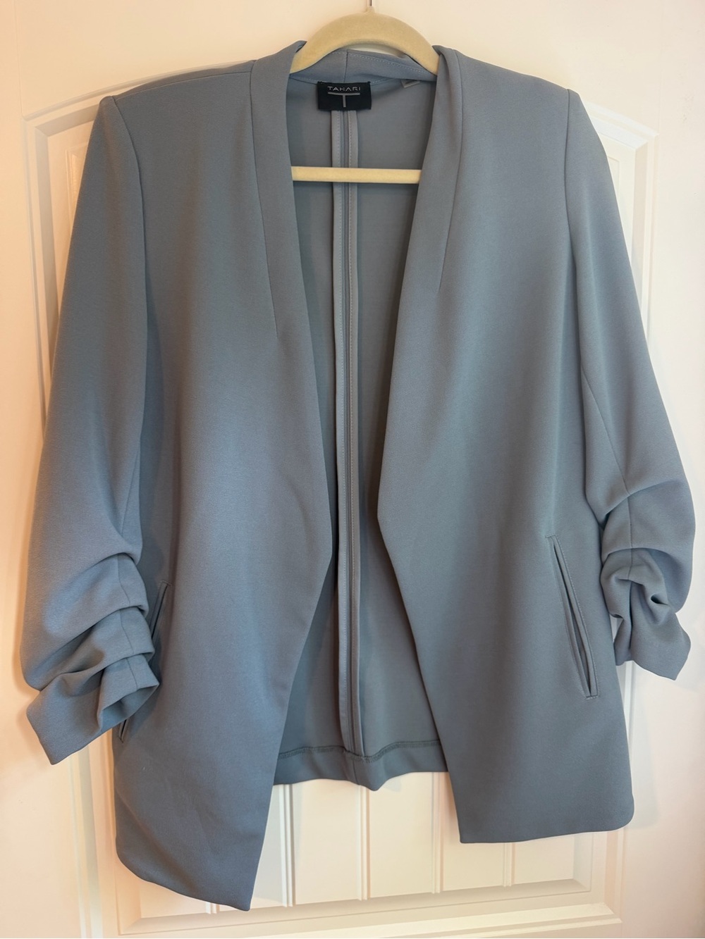 Tahari Light Blue Open-Front Ruched-Sleeve Blazer